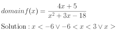 The domain of f(x)=(4x+5)/(x^2+3x-18) is x<-6\lor-6<x<3\lor x>3